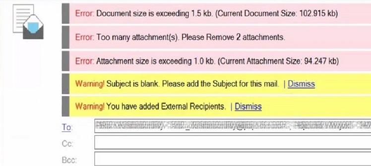 Examples of errors and warnings that can be shown when sending mail