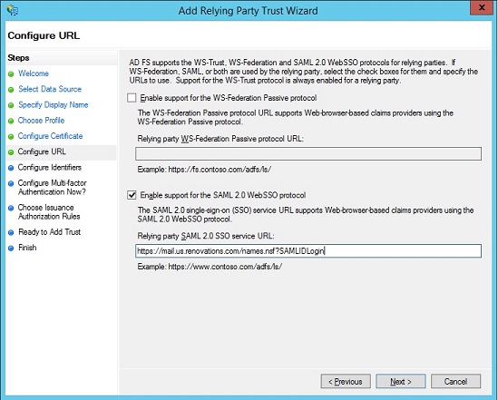 Relying party SAML 2.0 SSO service URL in the Configure URL window