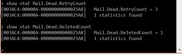Sortie de la console pour Mail.Dead.RetryCount and Mail.Dead.DeletedCount.