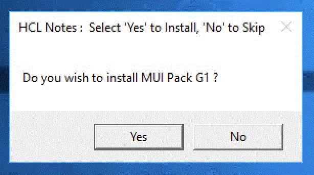 MUI Pack G1 クライアントをインストールするかどうかを確認するメッセージ