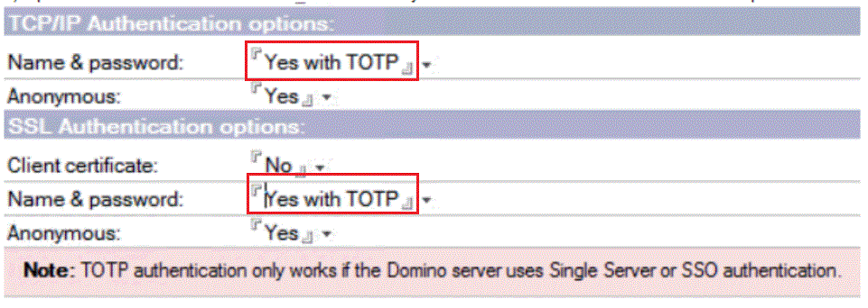 仮想サーバー文書で [TOTP を使用した [はい]] オプションが選択された [名前とパスワード] フィールド。