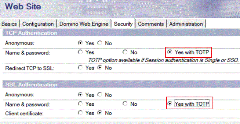 Web サイト文書で [TOTP を使用した [はい]] オプションが選択された [名前とパスワード] フィールド。
