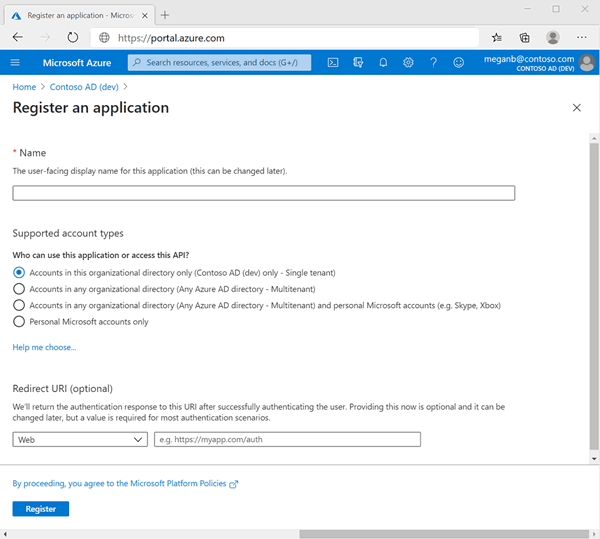 Screenshot of form to register an app in Azure