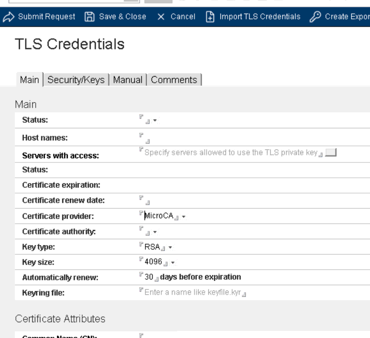 TLS Credentials form