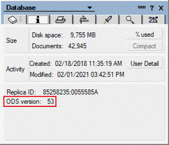 ODS version 53 shown in database properties box