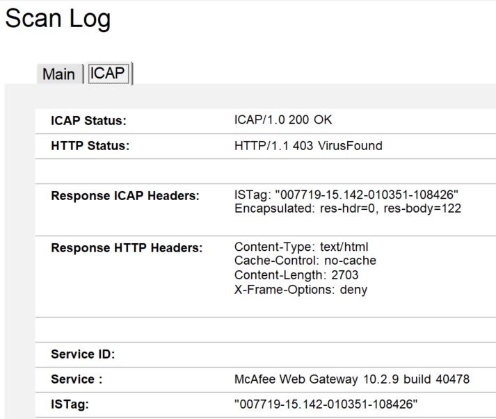 ICAP tab of a virus log for server Mail1/Renovations
