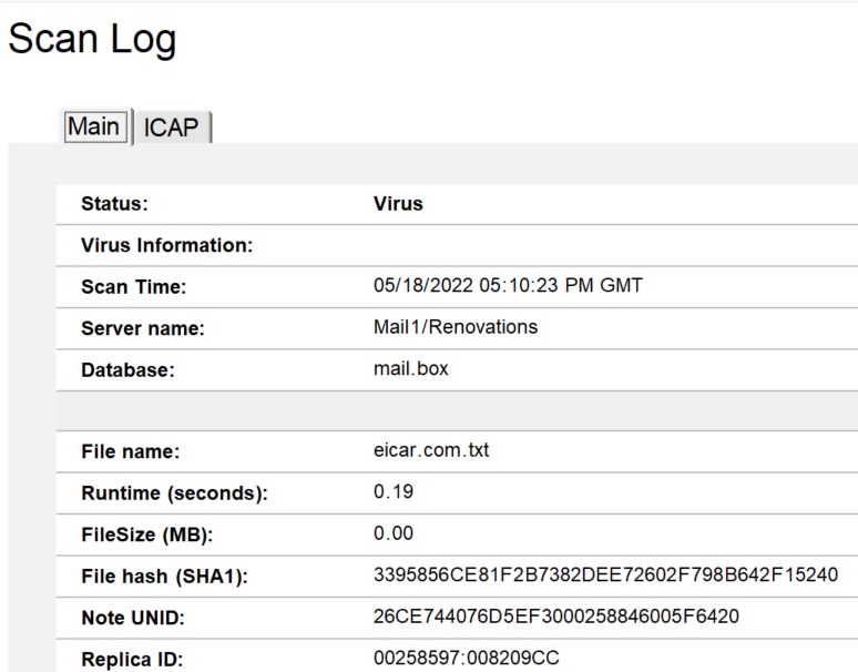 Main tab of a virus log for server Mail1/Renovations