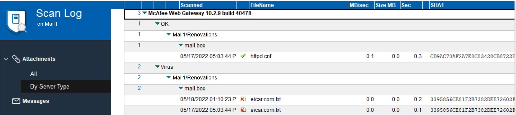 By Server Type view of scan log for Mail1/Renovations