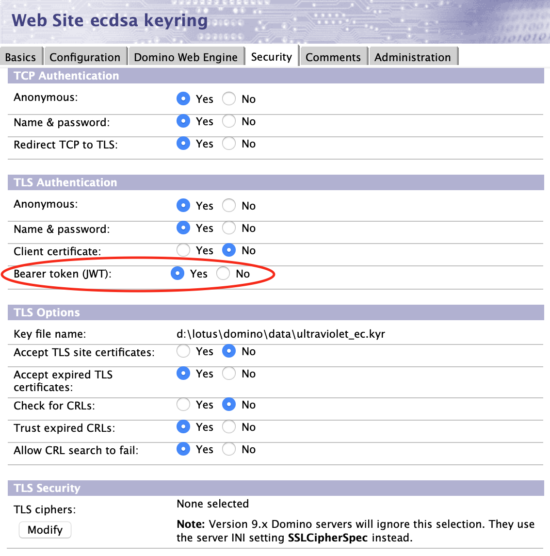 Internet site document showing Security tab with Bearer token (JWT) option set to Yes
