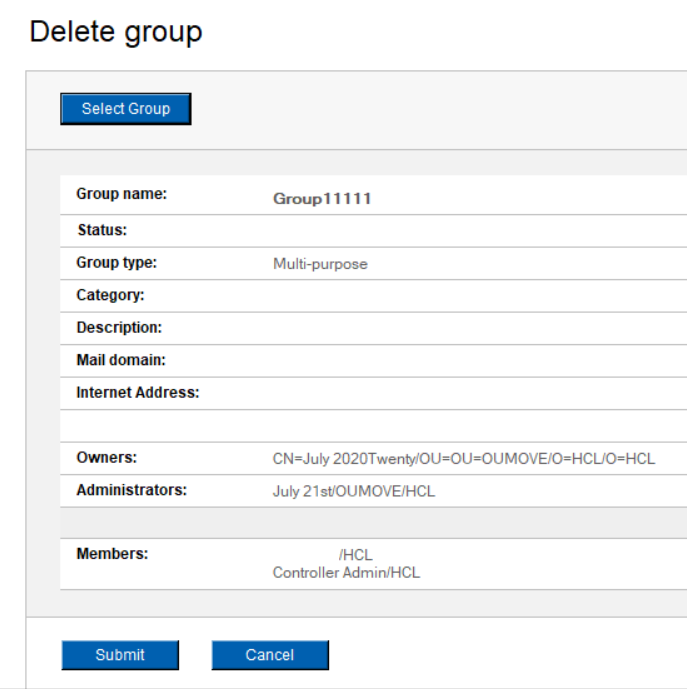 Screenshot of AdminCentral Delete group page