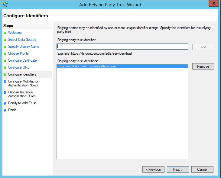 Relying party trust identifier in the Configure Identifiers window