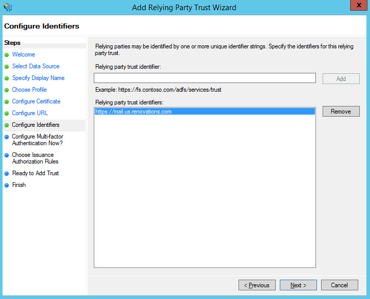 Relying party trust identifier in the Configure Identifiers window for web servers