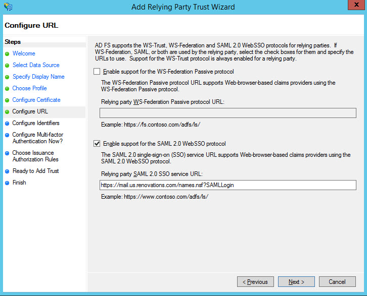Relying party SAML 2.0 SSO service URL in the Configure URL window for web servers