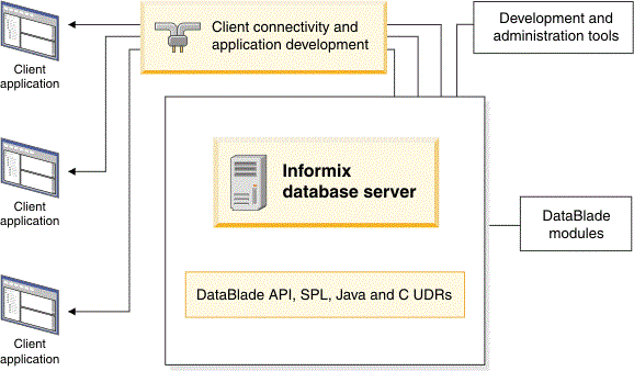 Diagram shows Informix as core of the database system, with the following options: BladeManager, two DataBlade products, SPL, and two UDRs. Client, development, and administration tools, and DataBlade modules, are outside of Informix core.