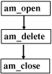 The flowchart shows am_open pointing to am_delete, which is pointing to am_close.