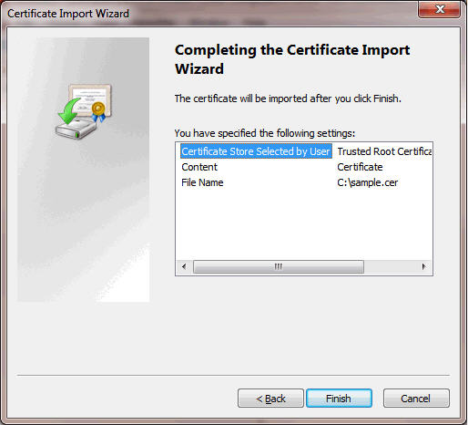 Certificate Import wizard - Finish