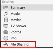 File Sharing option in the Settings menu