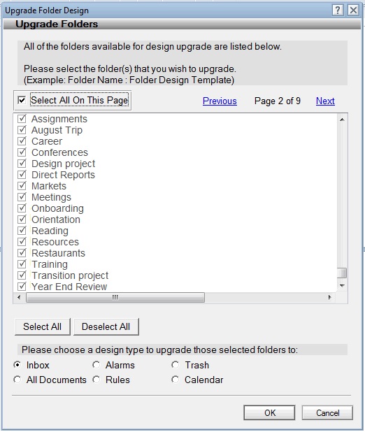 Dialog box to select multiple folders to upgrade