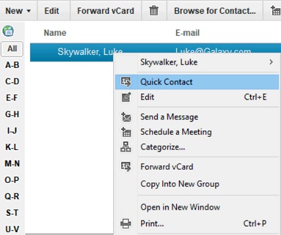 Select contact, right-click to see Quick Contact option