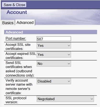 SSL configuration in SMTP account enabled for STARTTLS