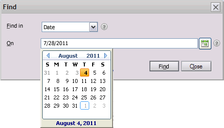 Find dialog showing Date column for Find In parameter