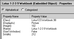 Properties list for an embedded spreadsheet object