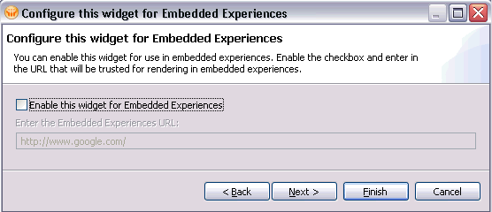 Configure this widget for Embedded Experiences wizard page