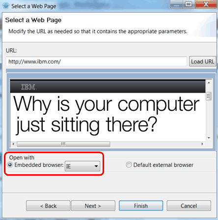 Select a web page dialog with IE option selected