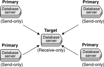 Four primary servers send data to a central target server that receives data.