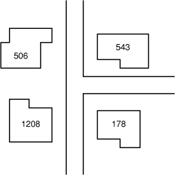The top left building is number 506. The top right building is number 543. The lower left building in number 1208. The lower right building is number 178.