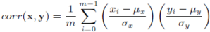 The image shows the Pearson correlation coefficient formula.