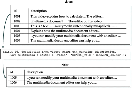 Shows a Boolean search for rows that contain the keywords "multimedia" and "editor" but not the keyword "video" from a table whose column has various spellings for "multimedia" and one row that has both "multimedia" and "video." The hitlist is two returned rows that contain "multimedia."
