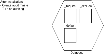 This figure shows three audit masks inside the database server: _require, _exclude_ and _default.