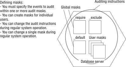 This figure shows global audit masks and user audit masks surrounded by auditing instructions.
