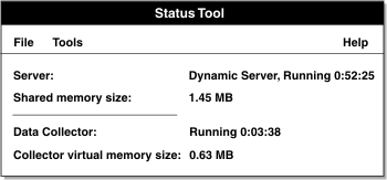 The Status Tool window shows how long the database server has been running and the size of shared memory.