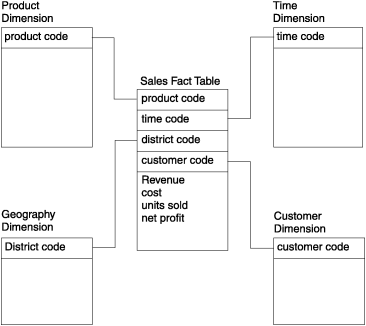 The "Sales Fact table" is in the center of the diagram. Lines illustrate the joins from the fact table to the four dimension tables: product, time, geography, customer. The reminder of the diagram is described in the surrounding text.