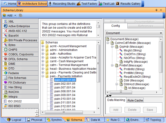 The Schema Library view, showing a sample Payments Initiation schema from ISO 20022.