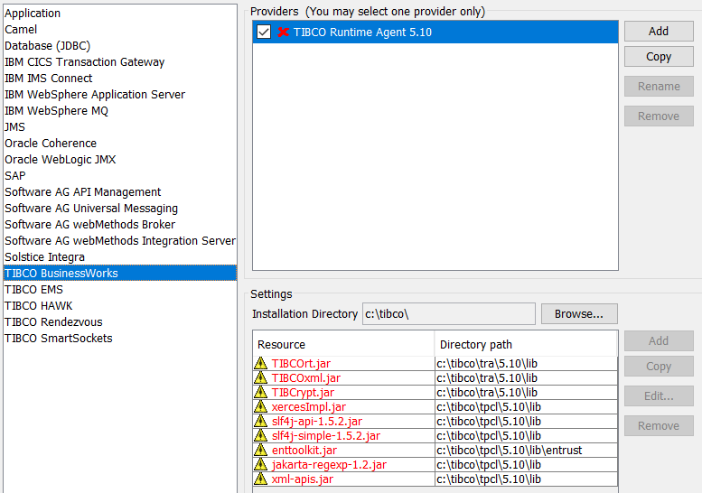TIBCO Runtime Agent is selected and the jar files are displayed.