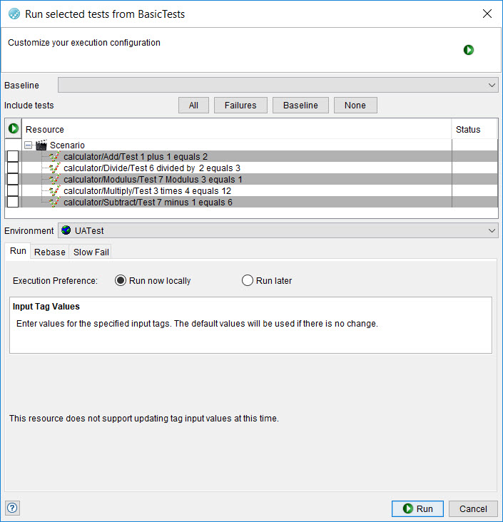 Image of the run test suite dialog box.