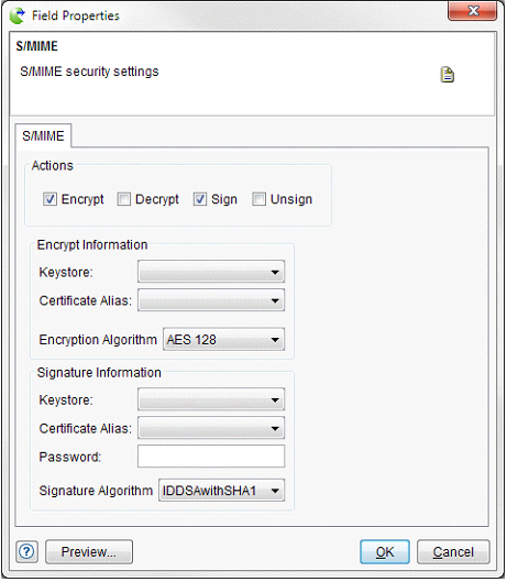 The S/MIME dialog with Encrypt and Sign options selected.