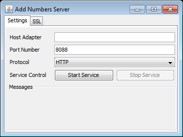 The Add Numbers Server window with initial settings.