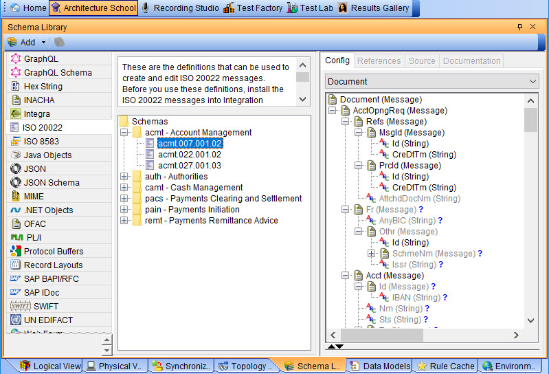 The Schema Library view, showing a sample schema from ISO 20022.