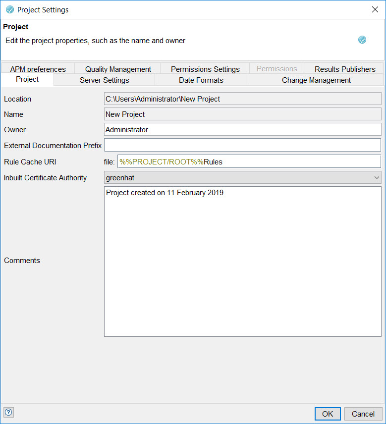 Image of the Project settings window.