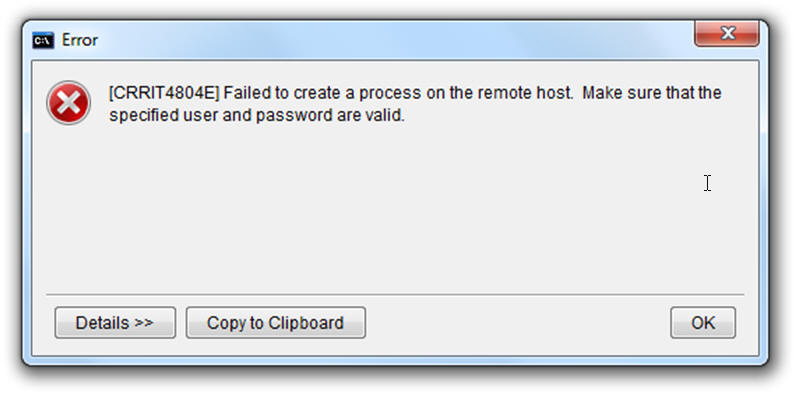 The error window shows that the process could not be created on the remote host.