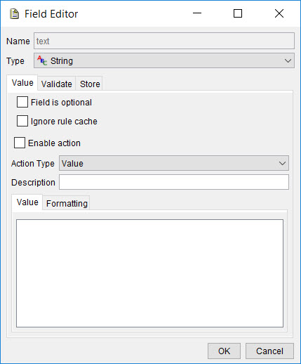 Image of the Value tab in the Field Editor window.