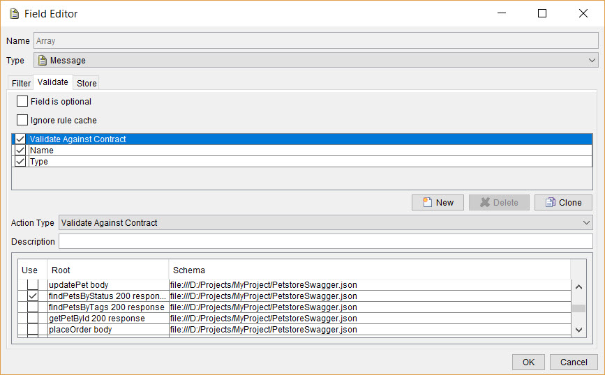 Image of the Field Editor showing the value for validate against contract
