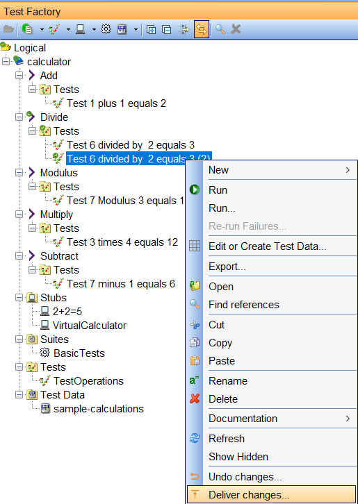 Image of the Git menu options in the test factory view.