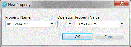 New Property window, which shows the Property Name set to RPT_VMARGS, the Operator set to Equals, and the Property Value set to -Xmx1500m