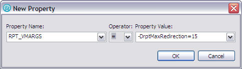 New Property window, which shows the Property Name set to RPT_VMARGS, the Operator set to Equals, and the Property Value set to DrptMaxRedirection=15