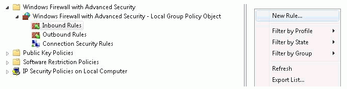 Inbound rules selected in local group policy object